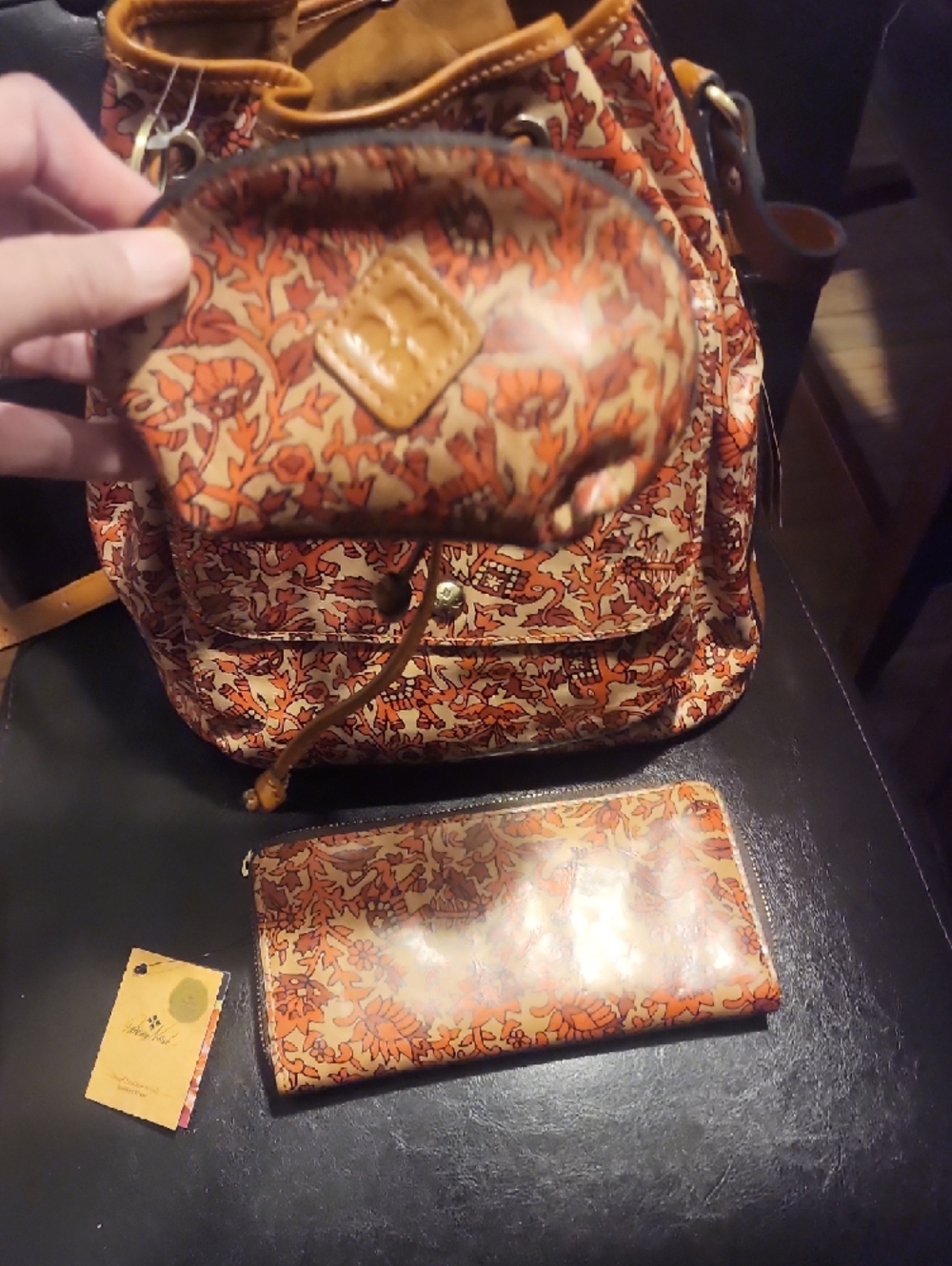 PATRICA NASH Orange Floral Drawstring Bucket Bag with Tan Trim. Wallet Included. - Picture 3 of 10